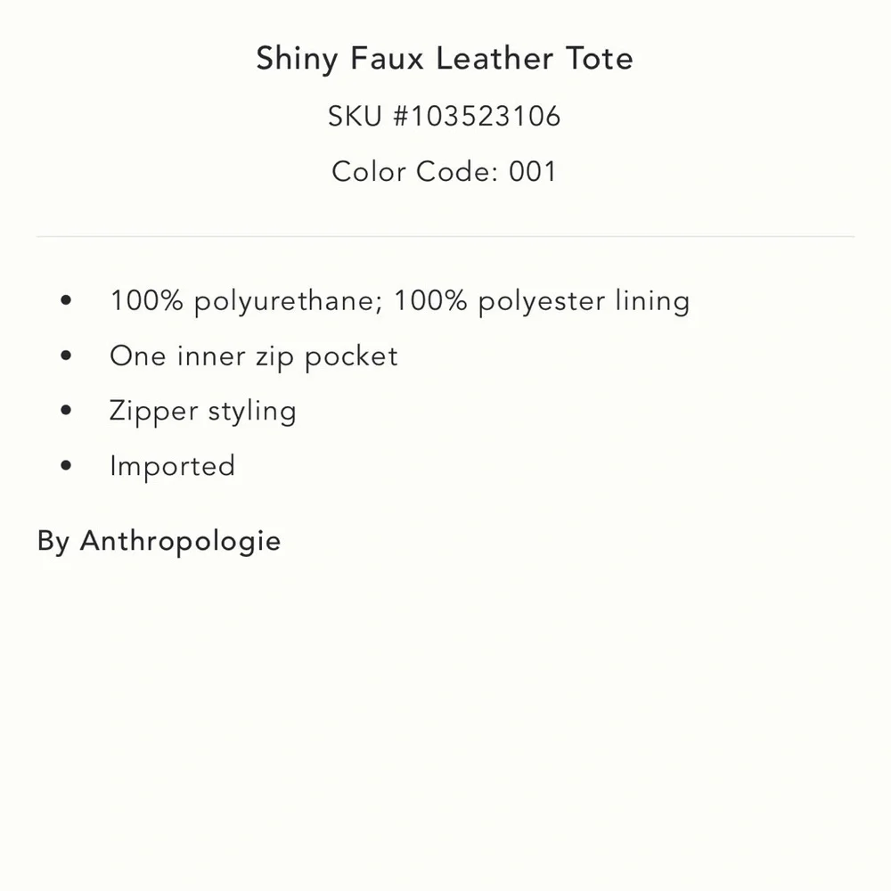 NWT new Anthropologie shiny faux patent leather tote bag purse black
